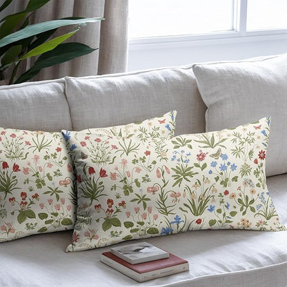 Vitage Floral Lumbar Pillow Covers 12x20 Set of 2 Spring Green Red Cream Pattern Rustic Decorative Outdoor Farmhouse Zipper Flower Pillowcases Decorations Throw Cushion Cover Decor for Couch Sofa Bed