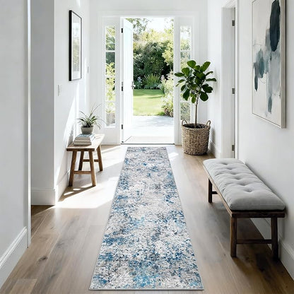Modern Abstract Washable Runner Rugs - 2x8 Soft Long Rug Stain Resistant Non Slip Low Pile Accent Carpet for Indoor Entryway Hallway Kitchen Laundry - Grey/Blue