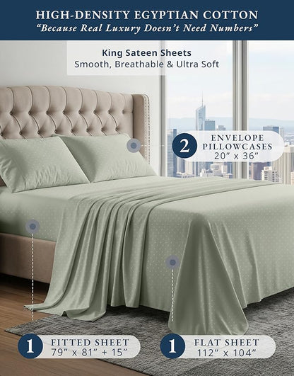 100% Egyptian Cotton Sheets King Size– Silky Sateen Weave for All Season Comfort, 15" Deep Pocket King Sheet Set, OEKO-TEX Certified, Fade Resistant, Durable Hotel Comfort at Home -Swiss Dot Mineral