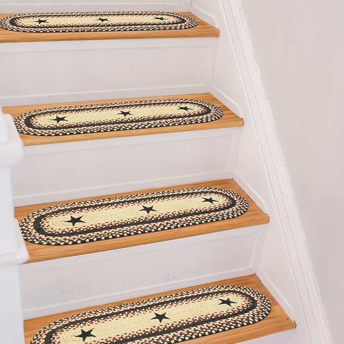 Homespice Primitive Star Gloucester Jute Braided Staircase Step Treads, Warm Primitive Decor, Set of 13, Black and Red 8x28 Oval Rug for Stairs - Easy to Clean, Tightly Stitched and Durable