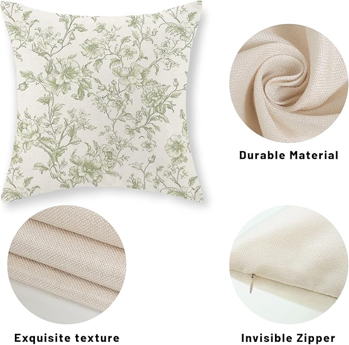 Sage Green Pillow Covers 20x20 Set of 2 Light Green Floral Chinoiserie Throw Pillows Vintage Rustic Toile Flower Decorative Pillow Cases Outdoor Chinoiserie Decor Cushion Case for Couch Sofa