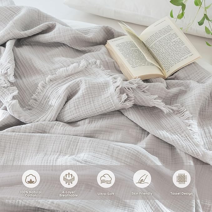 MooMee Muslin Blanket - 100% Cotton 4-Layer Gauze Throw Blanket with All-Around Fringe, Ultra-Soft Breathable Lightweight Cooling Decorative for Bed, Sofa & Couch (Light Grey, Queen 90" x 90")