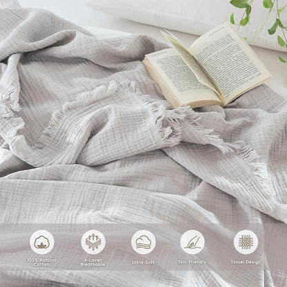 MooMee Muslin Blanket - 100% Cotton 4-Layer Gauze Throw Blanket with All-Around Fringe, Ultra-Soft Breathable Lightweight Cooling Decorative for Bed, Sofa & Couch (Light Grey,Twin XL 66" x 90")
