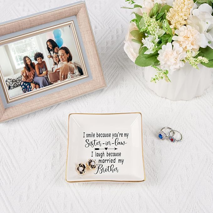 Sister in Law Gifts Ring Dish- I Smiled Because You're My Sister in Law Jewelry Dish Tray Trinket Dish, Birthday Gifts for Sister in Law Wedding Christmas Valentines Mother's Day Gift, White