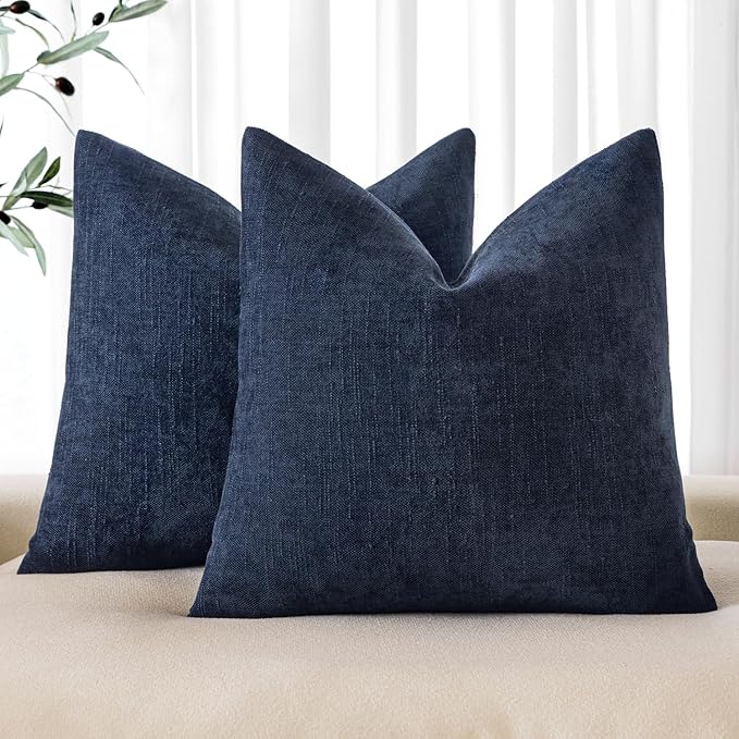 MIULEE Pack of 2 Decorative Throw Pillow Covers Soft Chenille Throw Pillows Solid Textured Cushion Covers for Couch Sofa Bedroom Living Room 20x20 Inch, Dark Blue