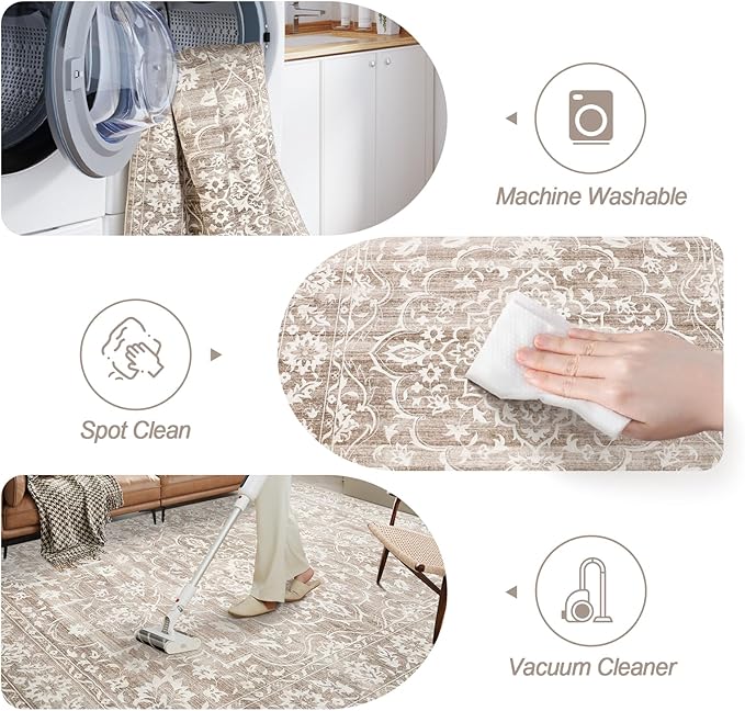 Washable Runner Rug, 2.5'x8' Vintage Kitchen Runners Non-Slip Foldable Hallway Runner Rug for Entryway, Laundry, Bedroom, Light Brown