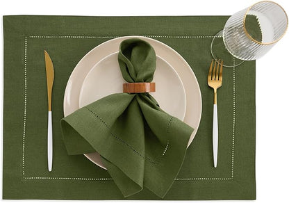 Solino Home Linen Cloth Placemats Set of 4-100% Pure Linen Hemstitch Olive Placemats 14 x 19 Inch - Classic Hemstitch Table Place Mats for New Year
