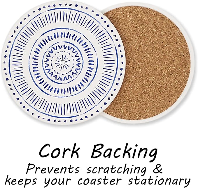AD Set of 6 Coasters for Drinks Absorbing Round Ceramic Stone Coaster with Cork Base,Tabletop Protection Mat for Mugs and Cups,Office,Kitchen (Nordic Blue with Holder)
