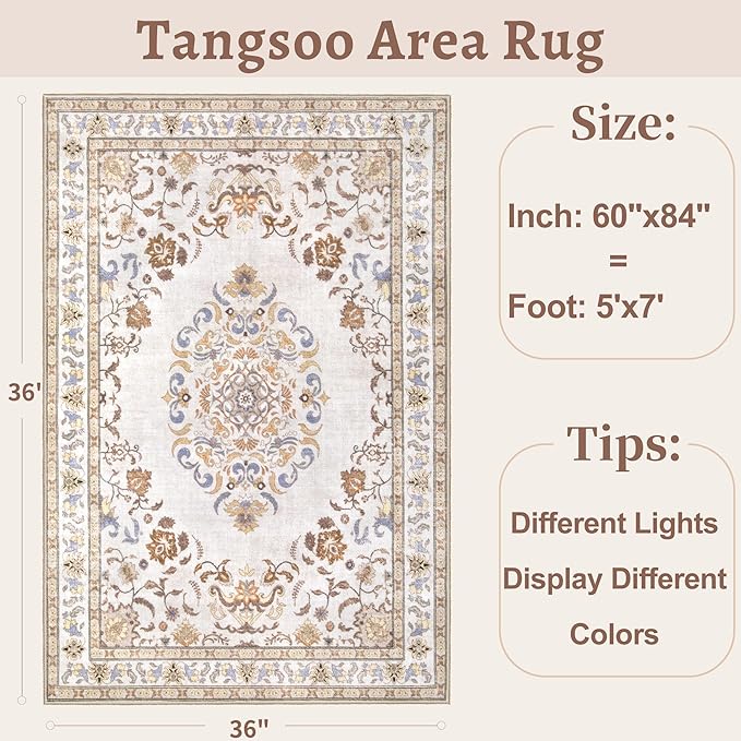Tangsoo 5x7 Washable Area Rug, Non Slip Boho Neutral Rug for Bedroom Living Room, Vintage Beige Tan Soft Low Pile Floor Indoor Carpet for Bathroom Office Kid & Pets Friendly Home Decor