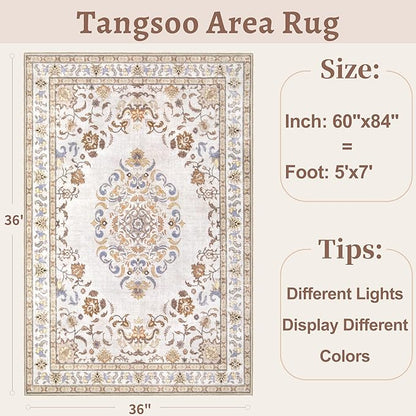Tangsoo 5x7 Washable Area Rug, Non Slip Boho Neutral Rug for Bedroom Living Room, Vintage Beige Tan Soft Low Pile Floor Indoor Carpet for Bathroom Office Kid & Pets Friendly Home Decor