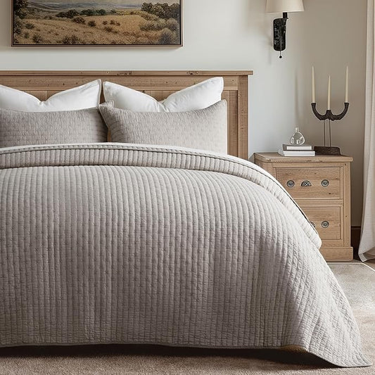 EVERGRACE Cross Stitch Pre-Washed Cotton Quilt Bedding Set King Size, Oversized 3 Pieces Lightweight Bedspread Coverlet for All Season, with 2 Matching Shams, Taupe,108"x96"