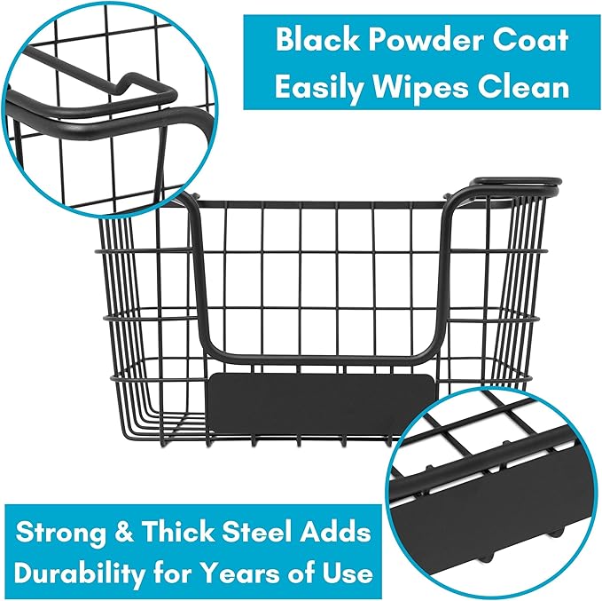 BIRDROCK HOME Stacking Wire Market Baskets with Chalk Label | Set of 2 | Fruit Vegetable Produce Metal Storage Bin for Kitchen Counter | Black