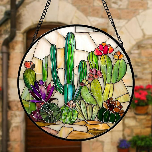 DASTOLL Stained Glass Window Hanging, White Green Cactus Suncatcher Diamond Glass Panel Hangings Sun Catchers Decor for Birthday for Women, Men, Wife, Aunt, and Mom 11.8x11.8 in