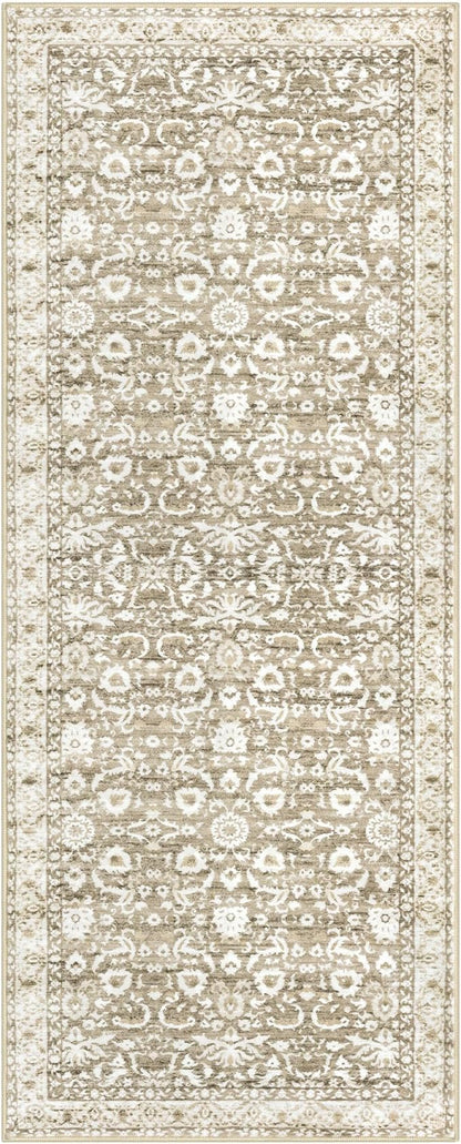Vintage Floral 2.6x8 Runner Rug, Beige Tan White Washable Kitchen Runner Rug Non-Slip Hallway Rug Runner Thin Printed Faux Wool Super Soft Carpet for Entryway Bedroom Laundry Room Indoor