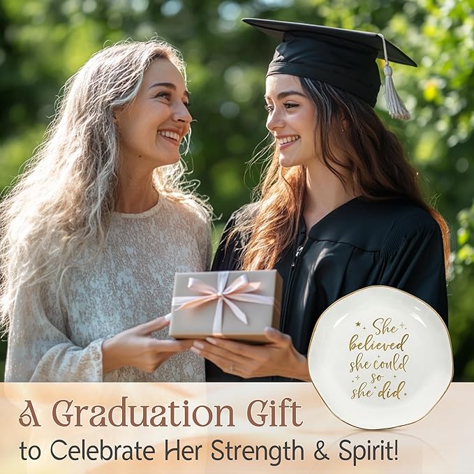 OASSIE Graduation Gifts for Her - 4"x4" Round-Shaped Ceramic Jewelry Dish Tray - Christmas Thank You Inspiration College High School Graduation Gifts for Her Friends Sister Women