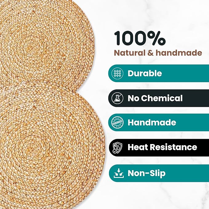 Eco Crave Jute Round Woven Placemats Set of 6, Natural 13 Inch Boho Farmhouse Rustic Hand Woven Place mat for Dining Table Decor, Wicker Chargers Heat Resistant Easy to Clean and Non-Slip Placemat