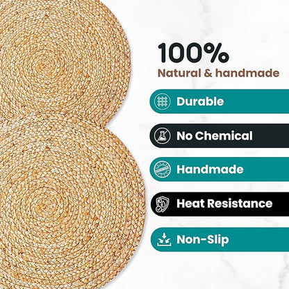 Eco Crave Jute Round Woven Placemats Set of 2, Natural 13 Inch Boho Farmhouse Rustic Hand Woven Place mat for Dining Table Decor, Wicker Chargers Heat Resistant Easy to Clean and Non-Slip Placemat