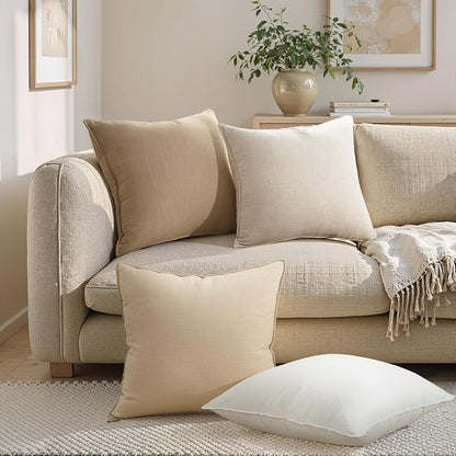 Linen and Cotton Decorative Pack of 4 Throw Pillow Covers Soft Accent Farmhouse Neutral Cushion Case 20 x 20 Inch Pillowcase with Flange for Chair Couch Sofa Bedroom Living Room Home Decor