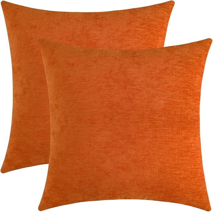 Bright Orange Chenille Decorative Couch Throw Pillow Covers, Soft Cushion Cases for Home Livingroom Sofa Décor, Pack of 2, 20 x 20 Inches