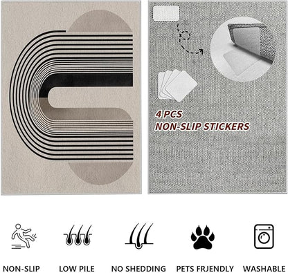 Modern Washable Rug for Living Room 4x5, Boho Abstract Striped Area Rugs, Soft Non Slip Low Pile Farmhouse Carpet for Bedroom Dining Room Kitchen, Stain Resistant, Pet Friendly, Beige Black