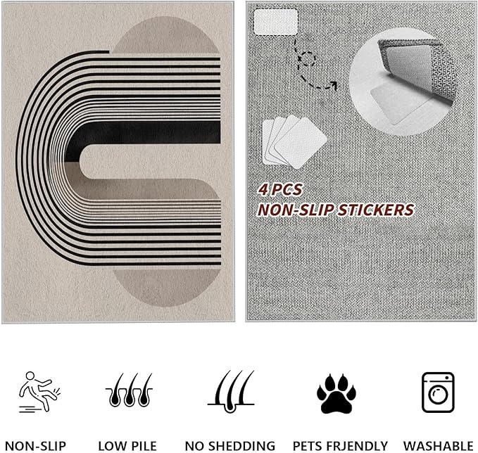 Modern Washable Rug for Living Room 6x9, Boho Abstract Striped Area Rugs, Soft Non Slip Low Pile Farmhouse Carpet for Bedroom Dining Room Kitchen, Stain Resistant, Pet Friendly, Beige Black