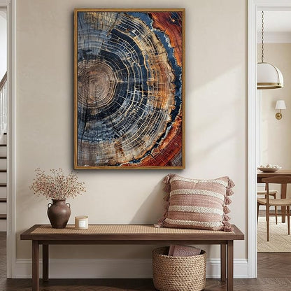 IBHJSART Framed Tree Ring Canvas Wall Art Vintage Colorful Wood Stump Painting Prints Modern Minimalist Pictures Neutral Nature Rustic Farmhouse Decor Living Room Bedroom Bathroom Office