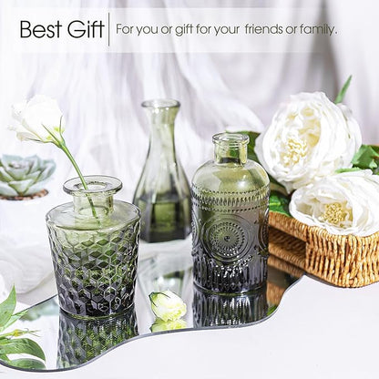 12pcs Green Glass Bud Vases Set, Small Vases for Flowers, Bud Vase for Centerpieces in Bulk, Mini Vintage Vase for Wedding Decorations, Office and Home Table Flower Décor