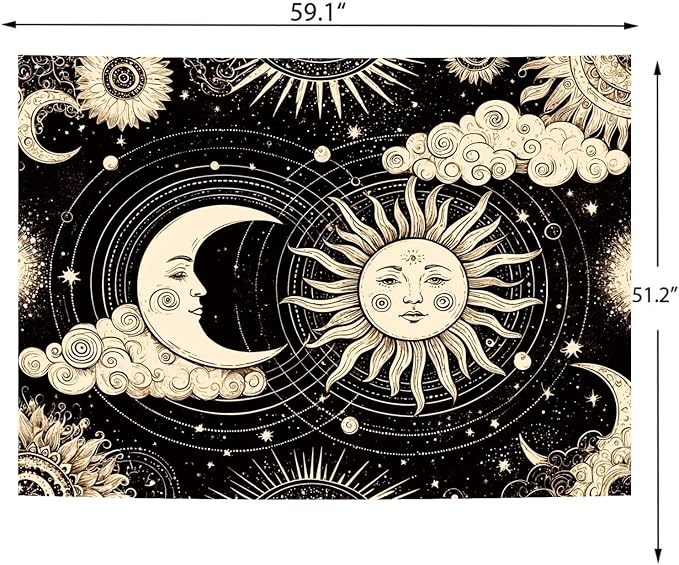 Delur Sun and Moon Tapestry Black Dark Boho Spiritual Burning Sun Tapestry Wall Hanging Mystic Aesthetic Cloud Abstract Star Psychedelic Headboard for Bedroom Living Room Home Decor (51.2" x 59.1")