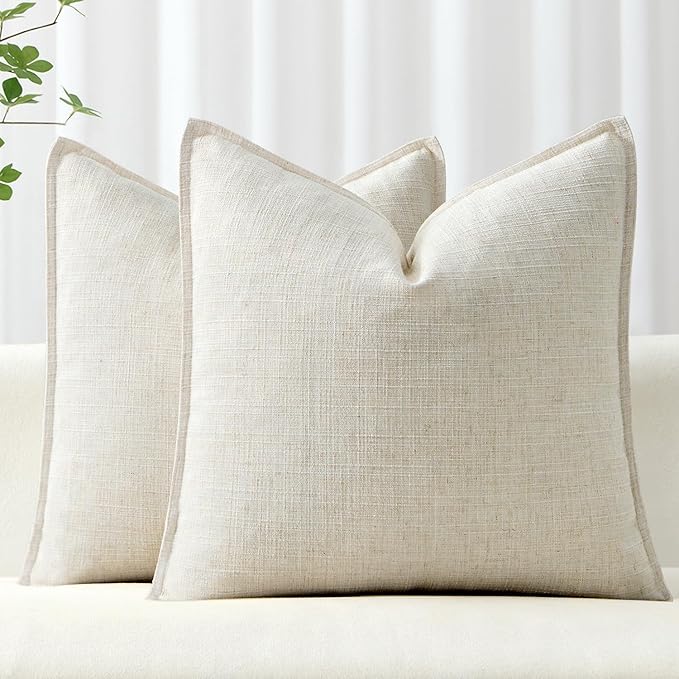 MIULEE Pack of 2 Thick Textured Couch Throw Pillow Covers, Cream White Decorative Pillow Covers 20x20, Neutral Linen Cushion Cases for Sofa Bed Living Room Modern Farmhouse Home Decor, No Filling