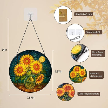 Stained Glass Window Hanging,Sunflower Sun Catchers Stained Glass Panels for Indoor Windows Wall Art Decor, Memorial Gift for Mom Women Wife Men Lovers (7.87inch)