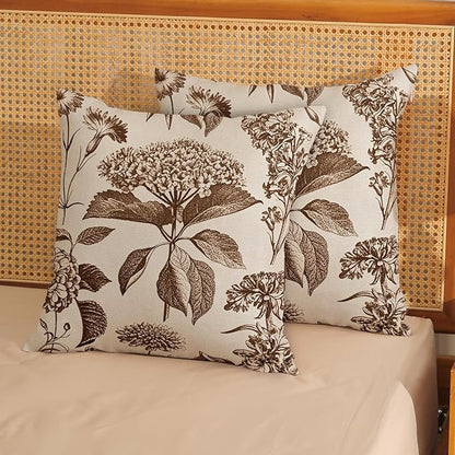 Brown Pillow Covers 18x18 Set of 2 Vintage Boho Floral Hydrangea Herbs Botanical Throw Pillow Cover Outdoor Flower Decorative Pillowcase Linen Farmhouse Cushion Case Decor for Couch Sofa