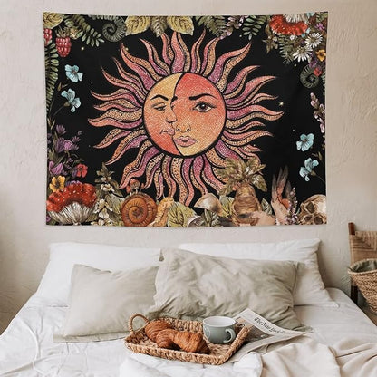 Vintage Sun Tapestry,Boho Hippie Mushroom Plant Botanical Sun and Moon Art Tapestries Wall Hanging for Dorm Living Room Bedroom Decor(60"x80")