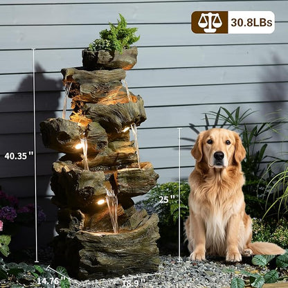 40" H Outdoor Water Fountain with 5 Tiers Large Cascading Realistic Tree Trunk Waterfall Fountains with LED Lights Outdoor Water Fountain for Garden Patio Backyard Porch Home Decor
