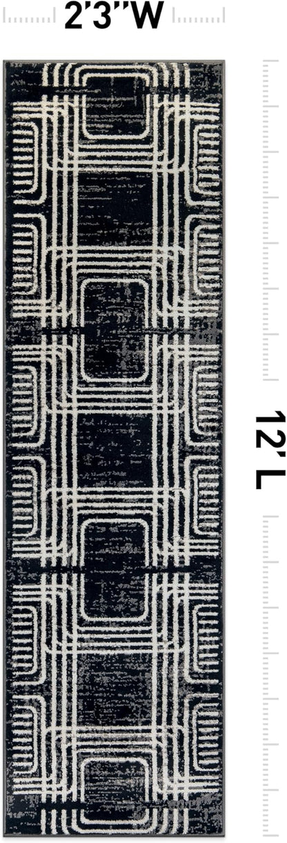Rugshop Black and White Geometric Area Rug – Abstract Curved Line and Square Pattern Carpet for Living Room, Bedroom, or Office – Contemporary Soft Floor Décor 2' 3" x 12' Runner Black