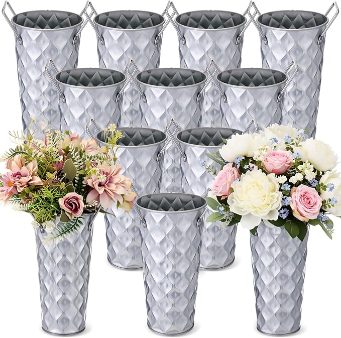 12 Pcs Silver Metal Flower Vases 9 Inch Galvanized Flower Bucket Spring Farmhouse French Bucket with Handles, Floral Vases for Centerpiece Bar Wedding Bouquet Table Decoration Supplies