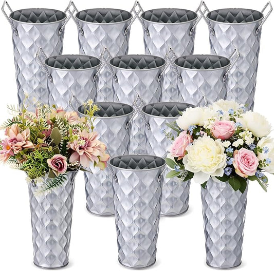 12 Pcs Silver Metal Flower Vases 9 Inch Galvanized Flower Bucket Spring Farmhouse French Bucket with Handles, Floral Vases for Centerpiece Bar Wedding Bouquet Table Decoration Supplies