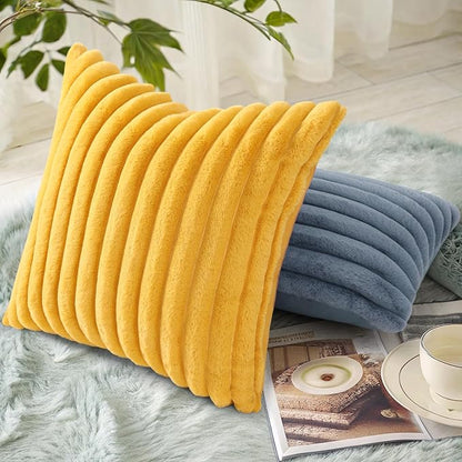 decorUhome Faux Fur Spring Throw Pillow Covers 16x16 Set of 2, Decorative Soft Plush Striped Neutral Couch Pillow Covers with Velvet Back for Sofa, Bed, Living Room Home, Mustard Yellow