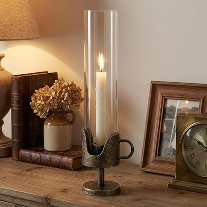 Handcrafted Cast Iron Base Hurricane Candle Holder with Glass Shade - Elegant Vintage Candle Stand for Taper Candles - Perfect for Living Room, Dining Room, and Home Décor 14“ High