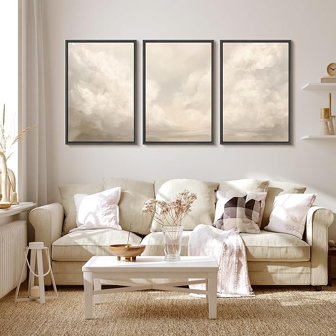 MUDECOR Framed Wall Art Print Set Neutral Cloudscape Soft Beige Abstract Sky Illustrations Modern Art Boho Decorative Colorful Chic for Living Room, Bedroom, Office - 16"x24"x3 Black