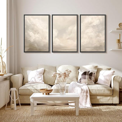 MUDECOR Framed Wall Art Print Set Neutral Cloudscape Soft Beige Abstract Sky Illustrations Modern Art Boho Decorative Colorful Chic for Living Room, Bedroom, Office - 16"x24"x3 Black