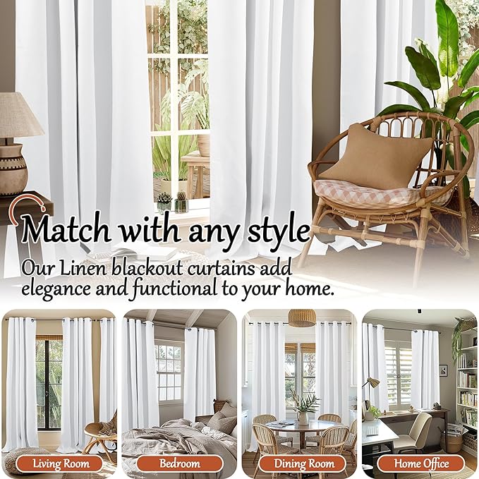 Blackout Curtains for Living Room 84 Inch Length 2 Panels Set, Thermal Insulated 100% Black Out Privacy Soundproof Grommet Farmhouse Linen Window Curtains for Bedroom Darkening, White, Each 52”Wide