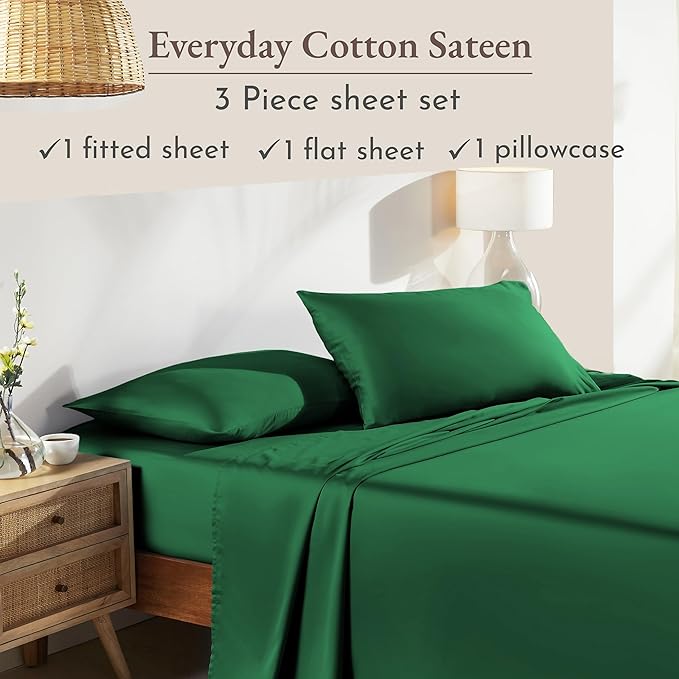 California Design Den Natural 100% Cotton Bed Sheets Twin Size Set - Soft Sateen Twin Sheets with Deep Pockets, Breathable and Durable Bedding Set for Dorm Rooms, College (Emerald Green)