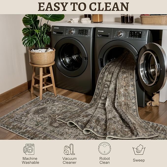 Tangsoo 5x7 Area Rug Washable Rug for Living Room, Vintage Indoor Non Slip Large Area Rugs, Print Distressed Carpet, Soft Low Pile Foldable Floor Rug for Bedroom Dining Room Dorm Grey