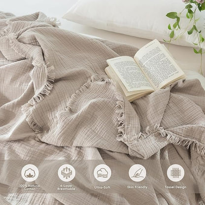 MooMee Muslin Blanket - 100% Cotton 4-Layer Gauze Throw Blanket with All-Around Fringe, Ultra-Soft Breathable Lightweight Cooling Decorative for Bed, Sofa & Couch (Cream Grey,Super King 108" x 98")