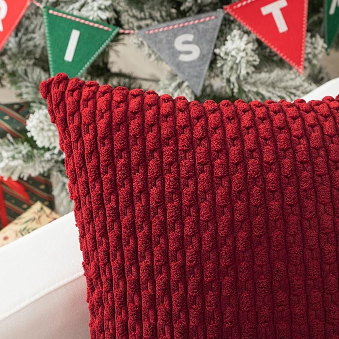 Kevin Textile 14x24 Inch Pillow Cover 1 Pack Boho Christmas Decorative Soft Striped Corduroy Lumbar Farmhouse Color Accent Rectangle Cushion Case for Living Room Couch Sofa Bed, Burgundy