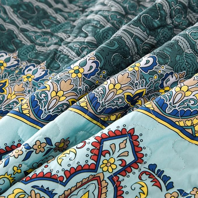 WONGS BEDDING Boho Quilt Set Twin Size, Green and Brown Bohemian Quilt Bedding Set, Lightweight Microfiber Bed Decor Bedspread for All Season 68"x86"(2 Pieces)