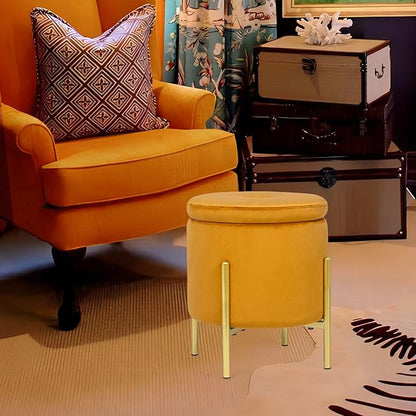 Adeco Upholstered Tufted Round Storage Ottomans, Orange Modern Velvet Footrest Ottomans with Storage for Couch