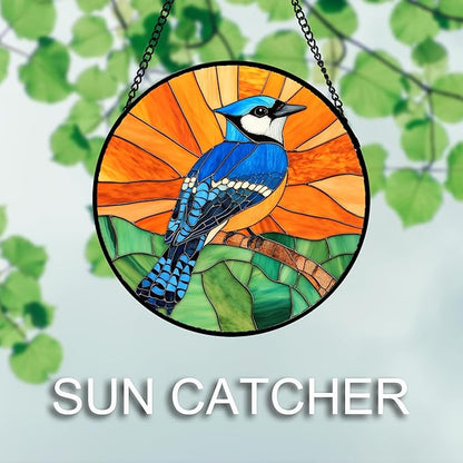 DASTOLL Stained Glass Window Hanging 4 Pcs Set Birds 6.3" - Cardinal Blue Jay Suncatcher Door Garden Sun Catcher Decor Birthday Christmas for Bird Lovers Mom Woman Nana Men