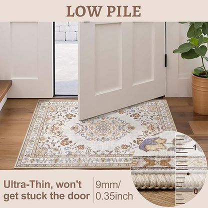 Tangsoo 5x7 Washable Area Rug, Non Slip Boho Neutral Rug for Bedroom Living Room, Vintage Beige Tan Soft Low Pile Floor Indoor Carpet for Bathroom Office Kid & Pets Friendly Home Decor