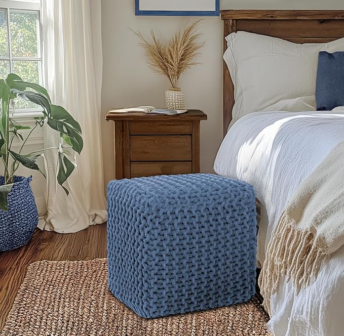 COTTON CRAFT Braided Cube Pouf - Hand Knitted Cotton Cord Cable Dori Ottoman - Foot Stool - Floor Pouf - Footrest - Portable Lightweight Accent Seat - Living Room Bedroom Dorm - 15 x 15 Square - Blue